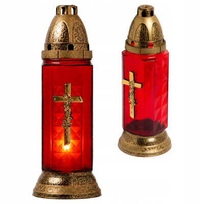 Znicz czerwony 27 cm złoty z krzyżem i różą – elegancki znicz nagrobny