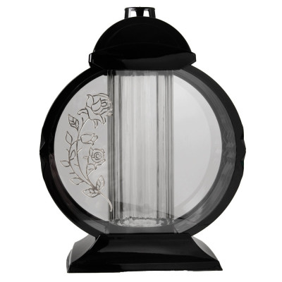 Znicz Lampion Nagrobny Czarny 36 cm Srebrna Róża Medalion