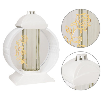 Znicz Lampion Nagrobny Biały 36 cm Złota Róża Medalion