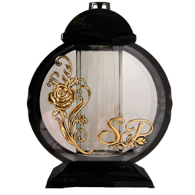 Znicz Lampion Nagrobny Czarny 36 cm Medalion Złota Róża