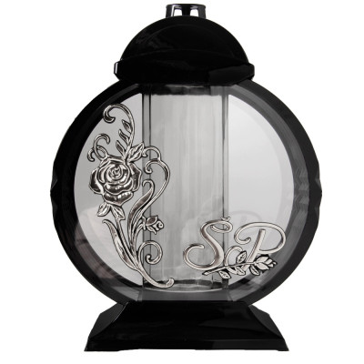Znicz Lampion Nagrobny Czarny 36 cm Srebrna Róża Medalion