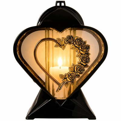 Znicz na Grób Lampion Nagrobny Serce 27 cm Czarny Złote Róże