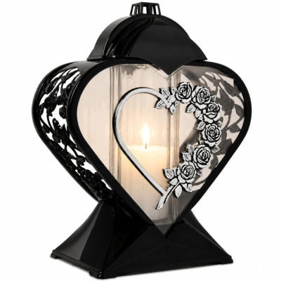 Znicz na Grób Lampion Nagrobny Serce 27 cm Czarny Srebrne Róże