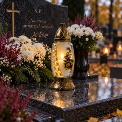 Znicz szklany kapliczka ze złotą różą ozdobny lampion na grób cmentarz