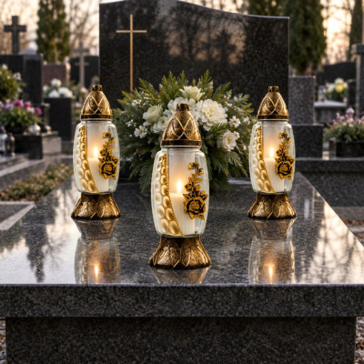 Znicz szklany kapliczka ze złotą różą ozdobny lampion na grób cmentarz