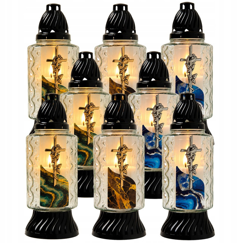 Znicz nagrobny z dekoracją o wzorze marmuru i krzyżem, 30 cm, Candle De Lux