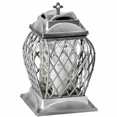 Duży Znicz Lampion z Ażurowym Zdobieniem Srebrny Na Cmentarz Grób 33cm