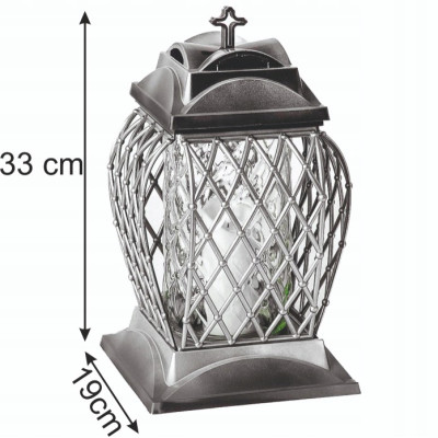 Duży Znicz Lampion z Ażurowym Zdobieniem Srebrny Na Cmentarz Grób 33cm