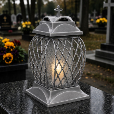 Duży Znicz Lampion z Ażurowym Zdobieniem Srebrny Na Cmentarz Grób 33cm