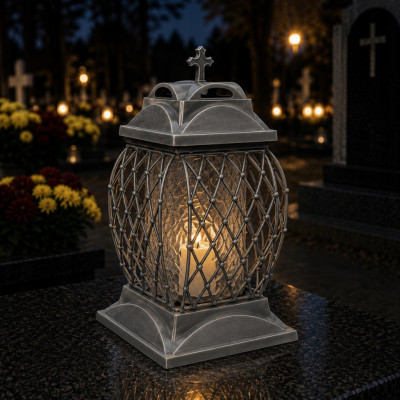 Duży Znicz Lampion z Ażurowym Zdobieniem Srebrny Na Cmentarz Grób 33cm