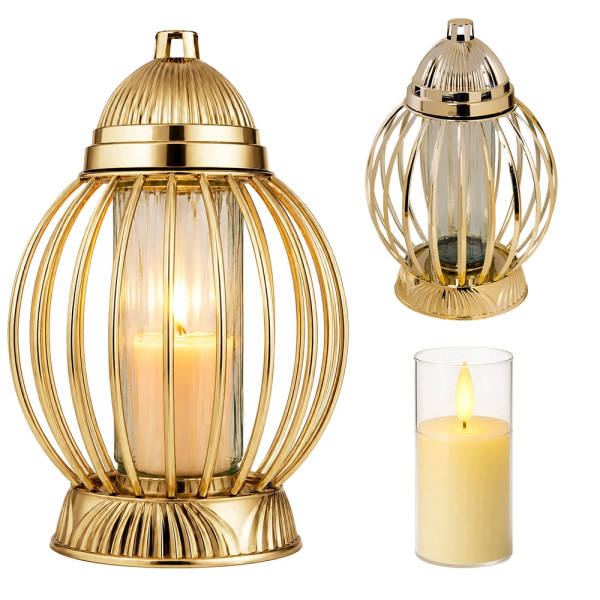 Znicz Lampion Nagrobny Złoty Kula 36 cm Chrom Wkład LED Gratis