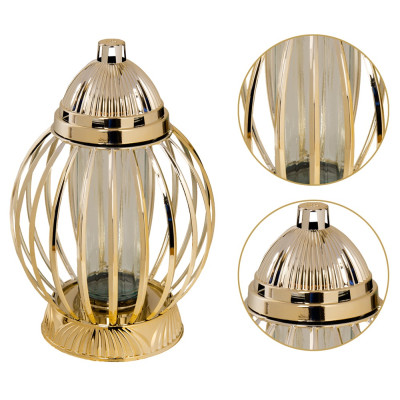 Znicz Lampion Nagrobny Złoty Kula 36 cm Chrom Wkład LED Gratis