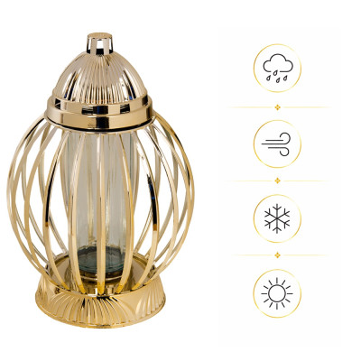 Znicz Lampion Nagrobny Złoty Kula 36 cm Chrom Wkład LED Gratis