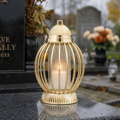 Znicz Lampion Nagrobny Złoty Kula 36 cm Chrom Wkład LED Gratis
