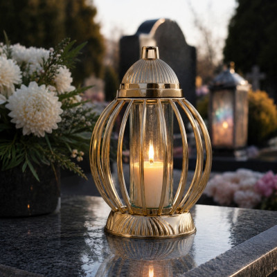 Znicz Lampion Nagrobny Złoty Kula 36 cm Chrom Wkład LED Gratis