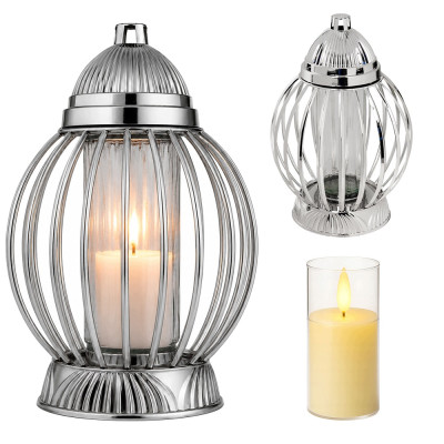 Znicz Lampion Nagrobny Srebrny Kula 36 cm Chrom Wkład LED Gratis