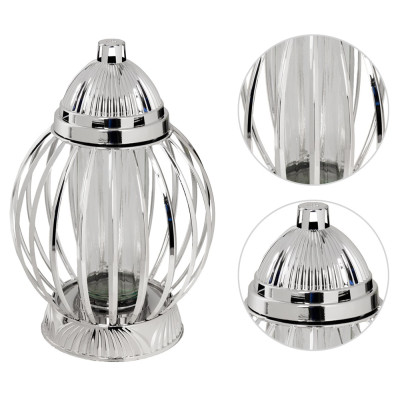 Znicz Lampion Nagrobny Srebrny Kula 36 cm Chrom Wkład LED Gratis