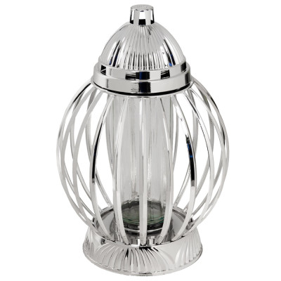 Znicz Lampion Nagrobny Srebrny Kula 36 cm Chrom Wkład LED Gratis