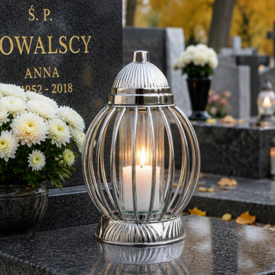 Znicz Lampion Nagrobny Srebrny Kula 36 cm Chrom Wkład LED Gratis