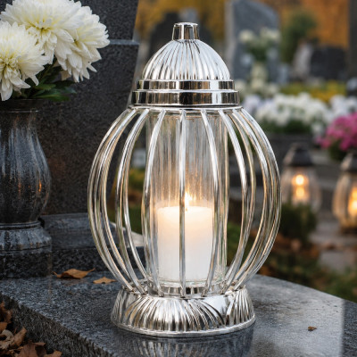 Znicz Lampion Nagrobny Srebrny Kula 36 cm Chrom Wkład LED Gratis