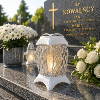 Znicz Biały Srebro Na Grób Cmentarz Wszystkich Świętych Duży Lampion 33 cm