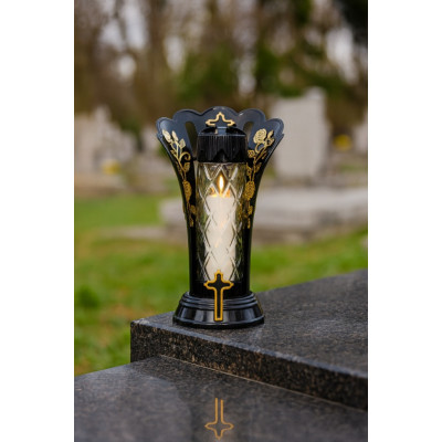 Duży Znicz 36 cm Krzyż Czarno - złoty Lampion na Grób Wszystkich Świętych