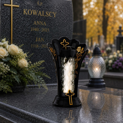 Duży Znicz 36 cm Krzyż Czarno - złoty Lampion na Grób Wszystkich Świętych