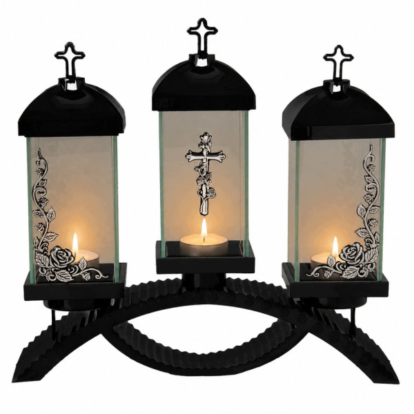Lampion nagrobny Premium potrójny – czarny ze srebrnymi zdobieniami