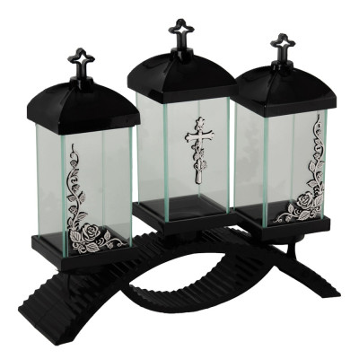 Lampion nagrobny Premium potrójny – czarny ze srebrnymi zdobieniami