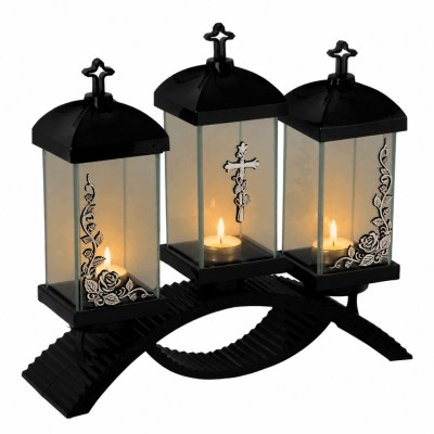 Lampion nagrobny Premium potrójny – czarny ze srebrnymi zdobieniami