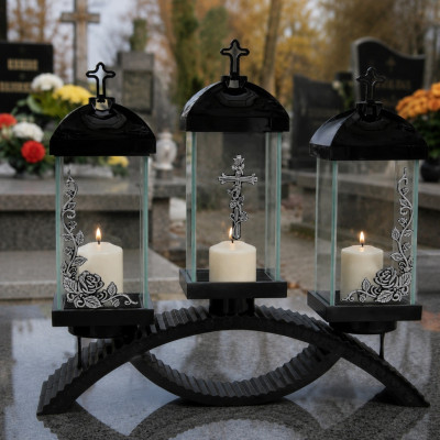 Lampion nagrobny Premium potrójny – czarny ze srebrnymi zdobieniami