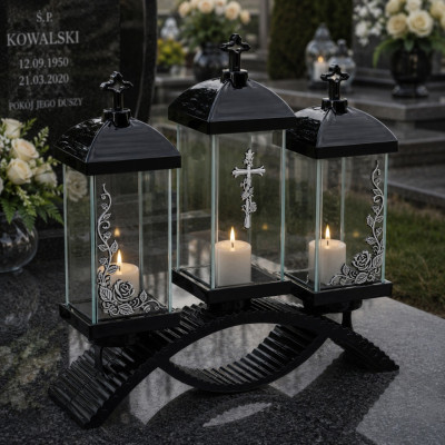Lampion nagrobny Premium potrójny – czarny ze srebrnymi zdobieniami