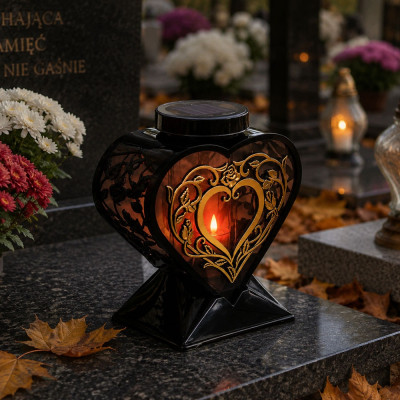 Znicz na Grób Solarny Lampion Nagrobny Serce 27 cm Czarny Złote Róże