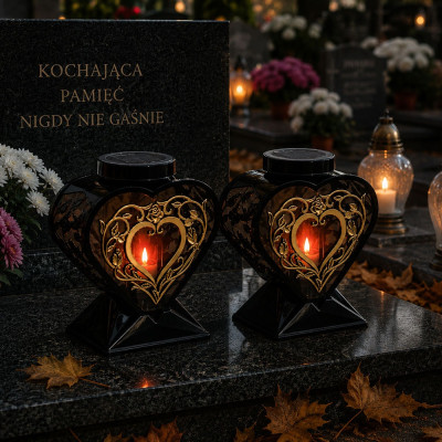 Znicz na Grób Solarny Lampion Nagrobny Serce 27 cm Czarny Złote Róże