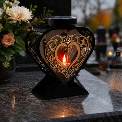 Znicz na Grób Solarny Lampion Nagrobny Serce 27 cm Czarny Złote Róże
