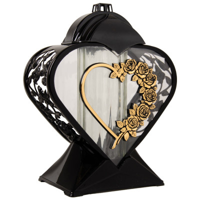 Znicz na Grób Lampion Nagrobny Serce 27 cm Czarny Złote Róże