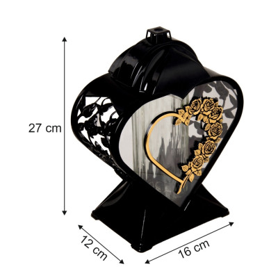 Znicz na Grób Lampion Nagrobny Serce 27 cm Czarny Złote Róże