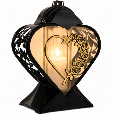 Znicz na Grób Lampion Nagrobny Serce 27 cm Czarny Złote Róże