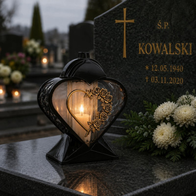 Znicz na Grób Lampion Nagrobny Serce 27 cm Czarny Złote Róże