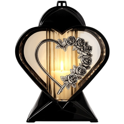 Znicz na Grób Lampion Nagrobny Serce 27 cm Czarny Srebrne Róże