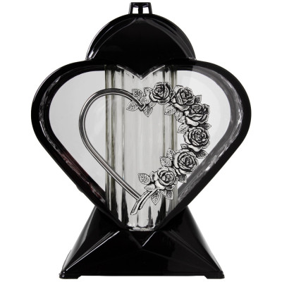 Znicz na Grób Lampion Nagrobny Serce 27 cm Czarny Srebrne Róże