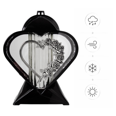 Znicz na Grób Lampion Nagrobny Serce 27 cm Czarny Srebrne Róże