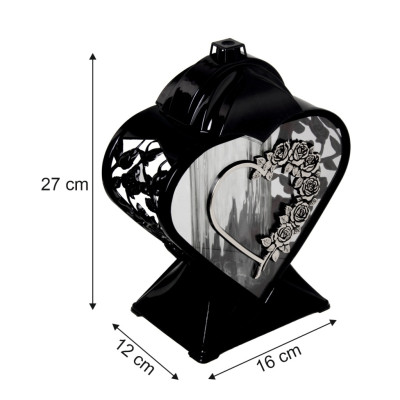 Znicz na Grób Lampion Nagrobny Serce 27 cm Czarny Srebrne Róże