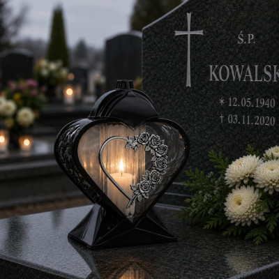 Znicz na Grób Lampion Nagrobny Serce 27 cm Czarny Srebrne Róże