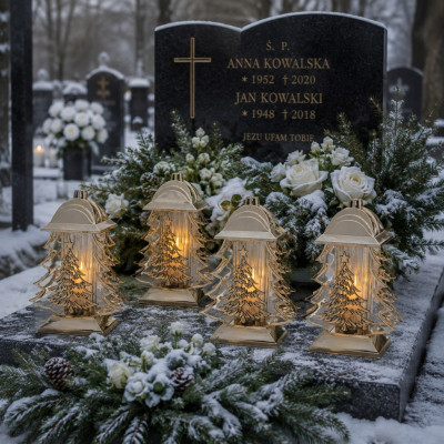 Znicz z wkładem Led na Boże Narodzenie na Grób Cmentarz Duży Lampion Złoty