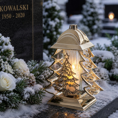 Znicz z wkładem Led na Boże Narodzenie na Grób Cmentarz Duży Lampion Złoty