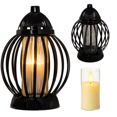 Znicz Lampion Nagrobny Czarny Kula 28 cm Wkład LED Gratis