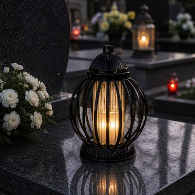 Znicz Lampion Nagrobny Czarny Kula 28 cm Wkład LED Gratis