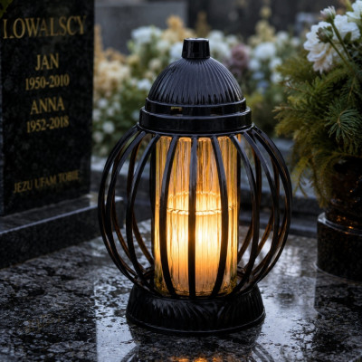 Znicz Lampion Nagrobny Czarny Kula 28 cm Wkład LED Gratis