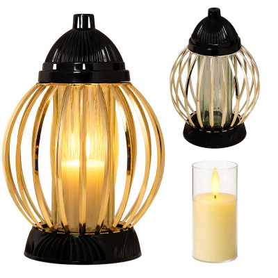 Znicz Lampion Nagrobny Złoto Czarny Kula 28 cm Wkład LED Gratis